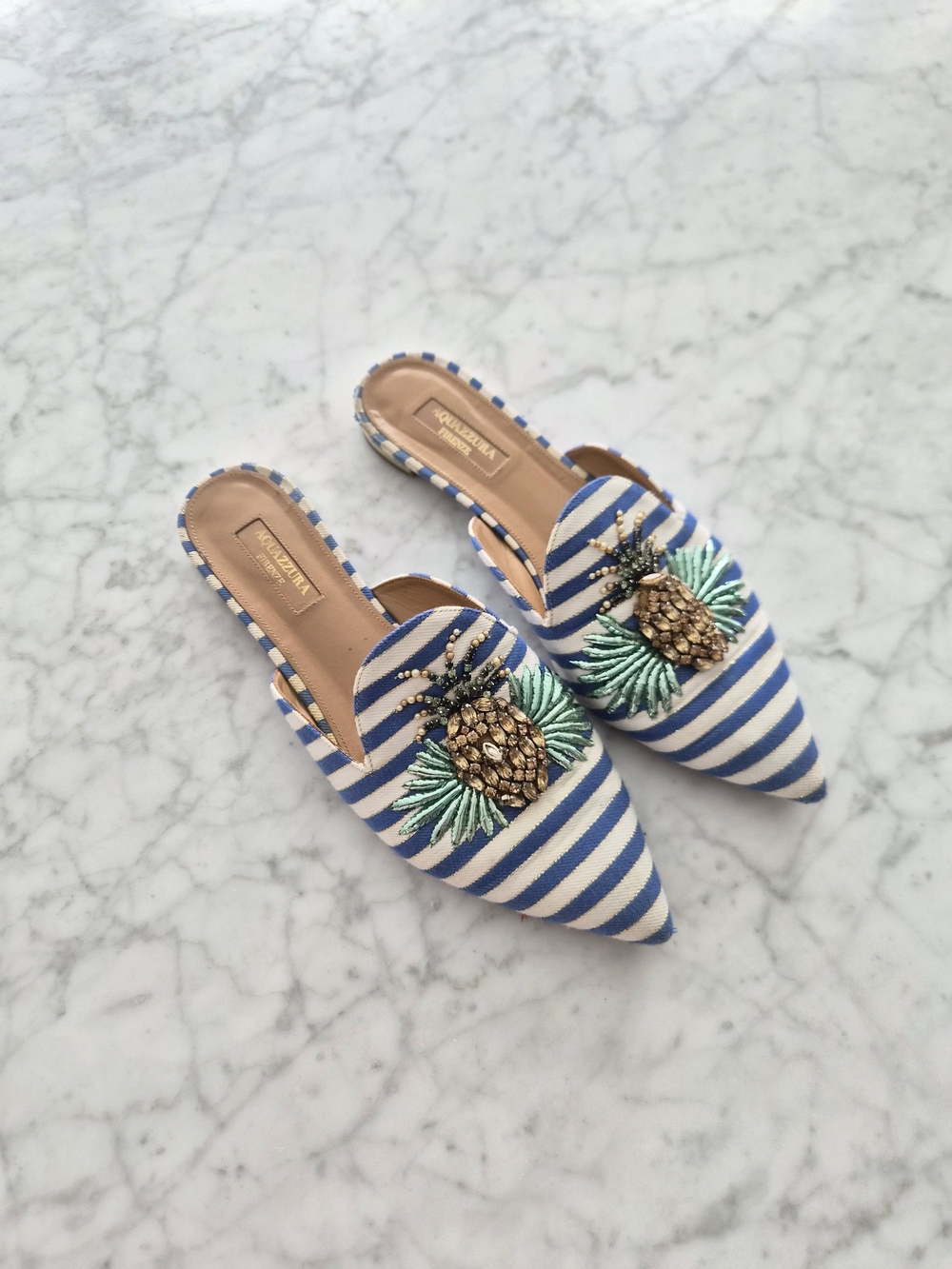 Aquazzura Striped Blue & White Pineapple Embellished Pointed Mules with Dust Bag